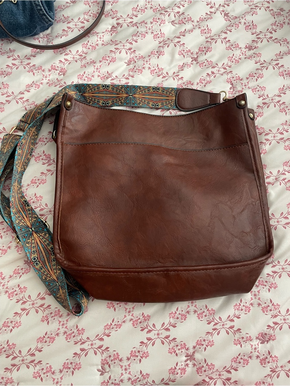 Brown Faux Leather Crossbody Bag with Patterned Adjustable Strap